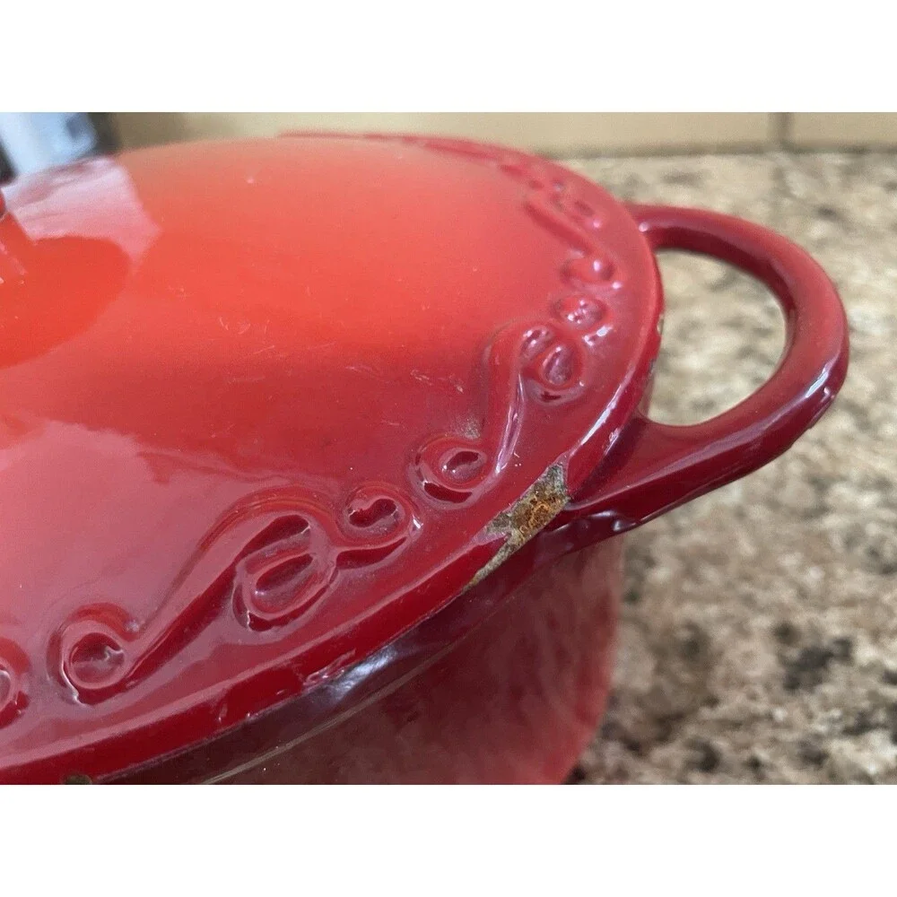 Vintage Red Enamel Cast Iron Dutch oven with Lid Double Handle